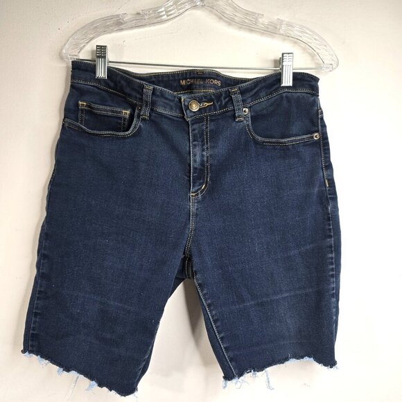 Michael Kors Dark Denim Stretch Raw Hem Cut Off Logo Bermuda Denim Shorts - Picture 1 of 8